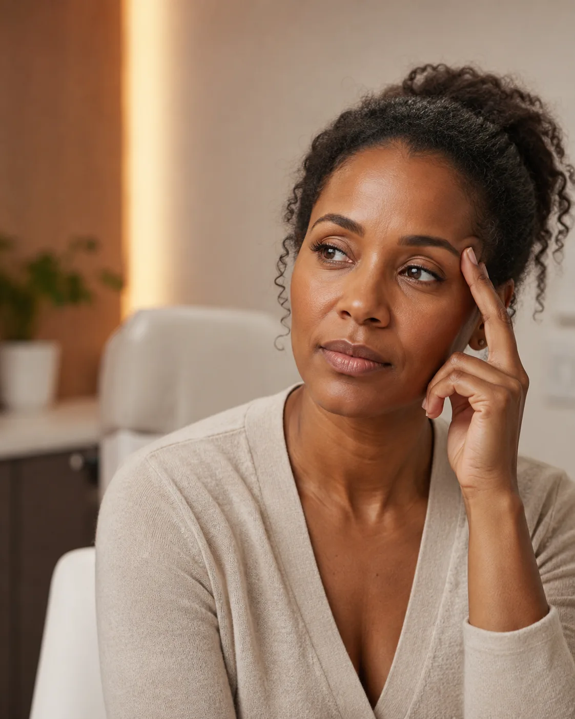 Woman examining her thinning hairline in soft daylight.