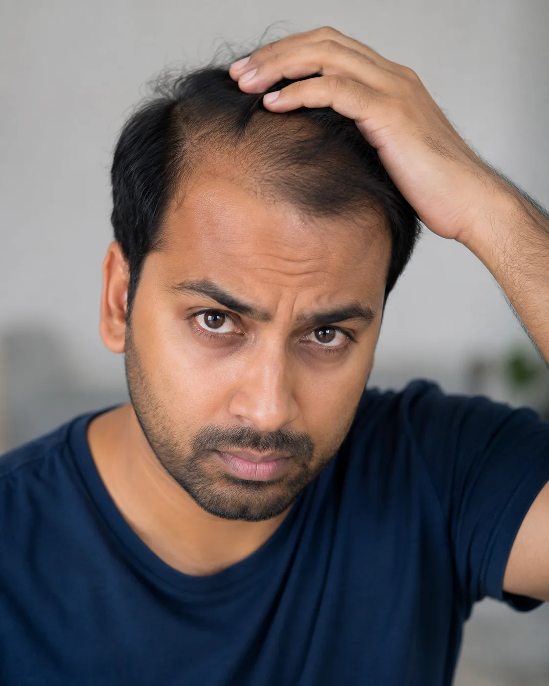 Man examining his receding hairline with a concerned expression.