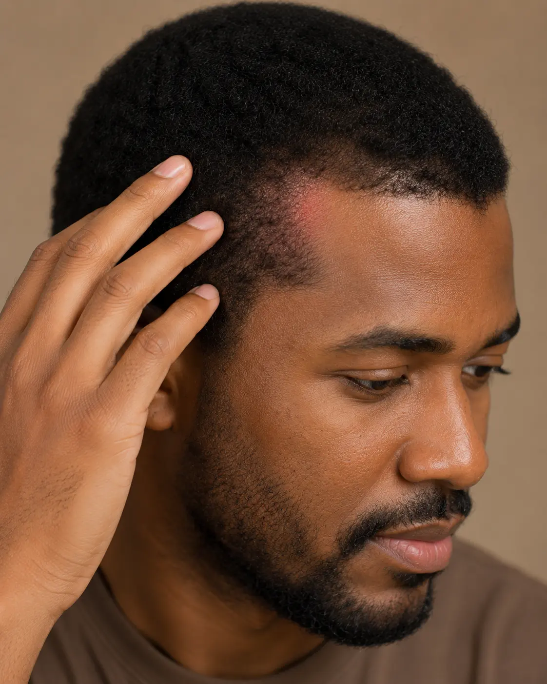 Macro view of an irritated, inflamed scalp between hair partings.