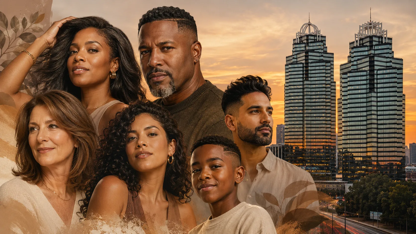 Diverse Atlanta patients with the city skyline at sunset