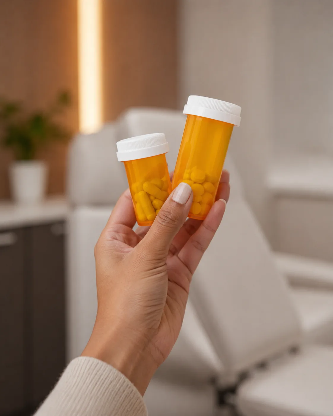 Prescription tablets beside a glass of water on a neutral surface.