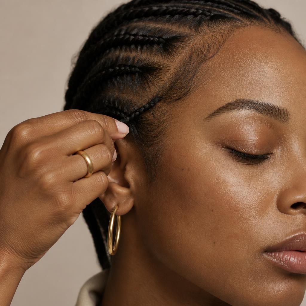 Close-up of a hand gently releasing a tight braid near the temple hairline.